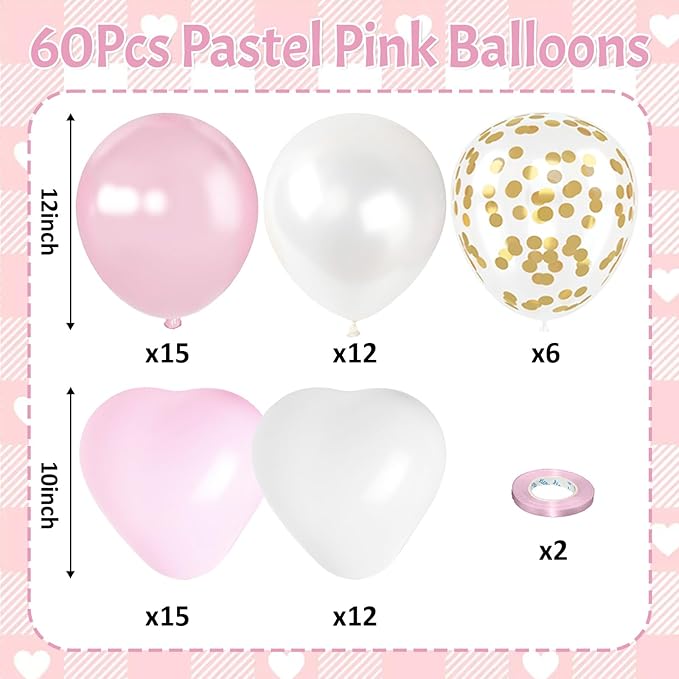 Pink Balloons, 60 Pcs Pastel Light Baby Pink and Pearl White Heart Latex Balloons, 12 Inch Double Stuffed & Gold Confetti Balloon for Girls Women Birthday Wedding Bridal Baby Shower Bachelorette Party