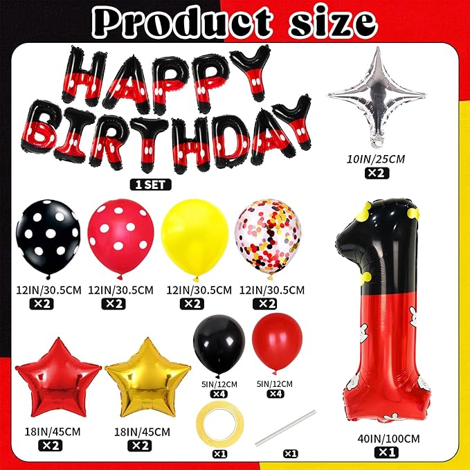 YIIHMEI 1st Mouse Balloons Birthday Decorations Baby Shower Party Supplies Boy Red And Black Foil Balloon Banner 40inch Number