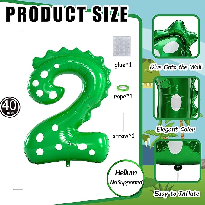 Green Dinosaur Balloons 2nd Birthday Decorations For Boys,40inch Big Dinosaur Number 2 Balloon Birthday Party Decoration for Kids Birthday Party Decoration Supplies
