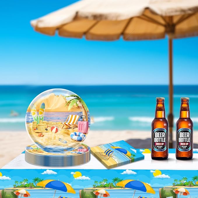 41pcs Summer Beach Party Supplies ,include 20pcs Dessert Plates, 20pcs Napkin and 1pcs Tablecloth,Used for Summer Beach Birthday Party Decoration