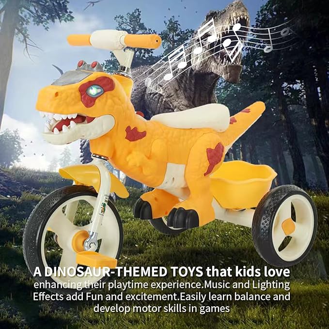 Dinosaur Kids Tricycle for Rider- Toddlers Kid Trike Bike Big Wheel with Music, Storage Basket,Indoor/Outdoor Preschool Daycare Kids Bike,Best Gift for 3-7 Year Old Girls & Boys (Orange)