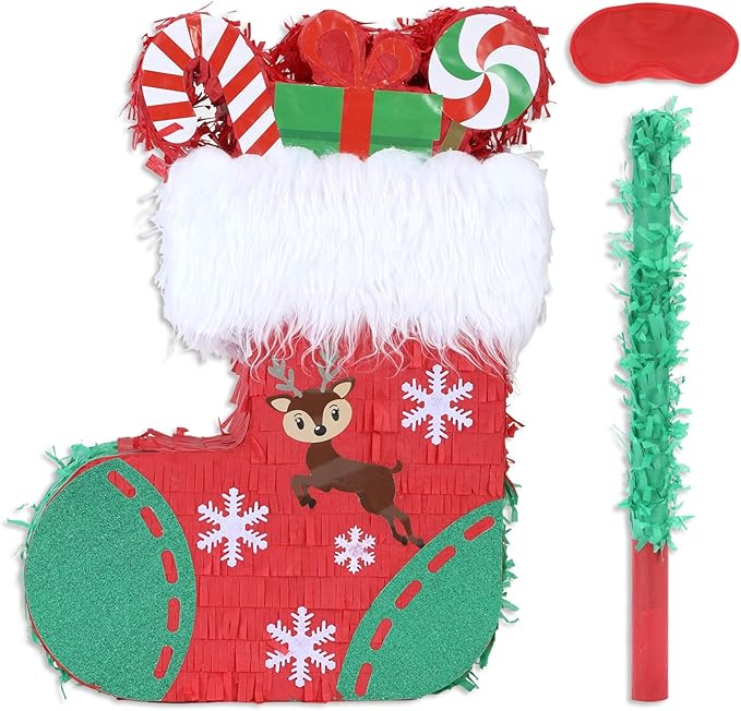 Christmas Socks Pinatas Bundle with a Blindfold and Bat (16.5x12.5x4 Inches), Holiday Theme Piñata, Christmas Party Supplies, Xmas Piñata, Party Decoration