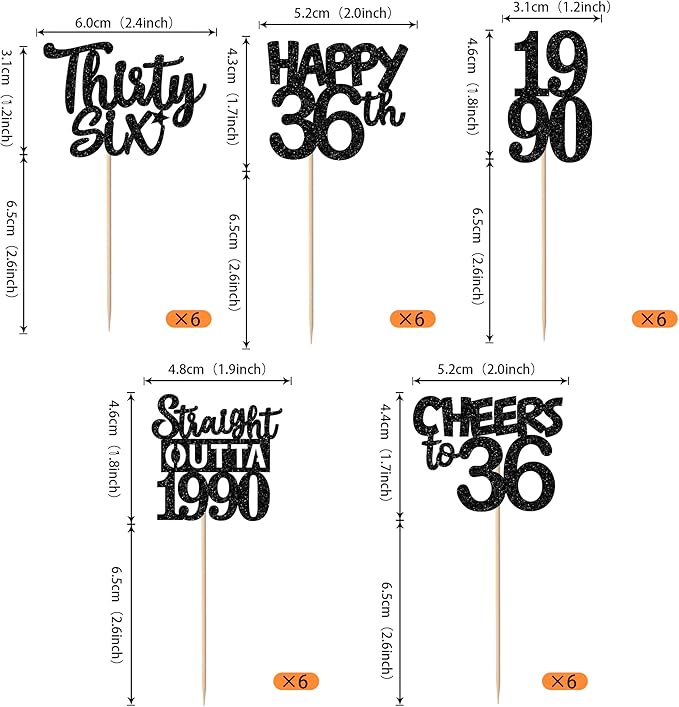 30PCS Black 36th Birthday Cupcake Toppers Glitter Thirty Six Happy 36th Straight Outta 1990 Cupcake Picks for Cheers to 36 Years Birthday Wedding Anniversary Party Cake Decorations Supplies