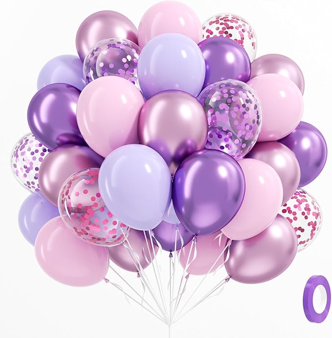 61pcs Pink and Purple Balloons, 12 Inch Purple Pink Confetti Latex Balloons, Metallic Balloon for Bridal Baby Shower Wedding Women Birthday Party Decorations