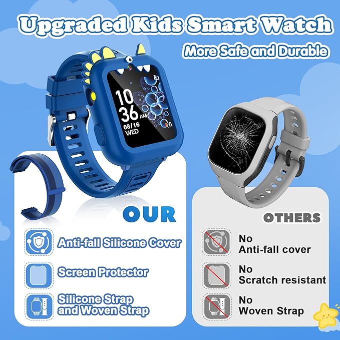 Kids Smart Watch Boys Gift Age 3-12 with 39 Games Alarm Clock Camera Video Music Player Pedometer Flashlight 12/24 hr HD Touch Screen Kids Watch Birthday Boys Gift Toys for 4 5 6 7 8 9 10 Years Olds