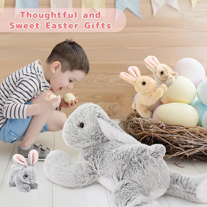4Pcs Easter Bunny Stuffed Animal- 24" Big Stuffed Bunny Rabbit Plush Toy Gifts for Kids - Cuddly Mommy Bunny Surprise with 3 Small Bunnies Inside