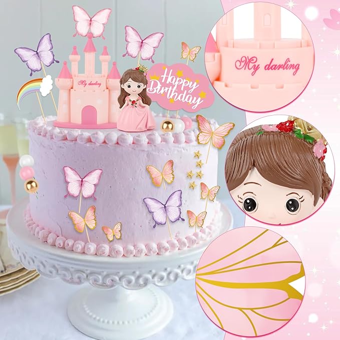 Hooqict 33PCS Princess Cake Decorations Set with Butterflies, Balls, Castle Cake Toppers & Cupcake Toppers for Girls Princess Birthday Party Decorations Tea Party Supplies