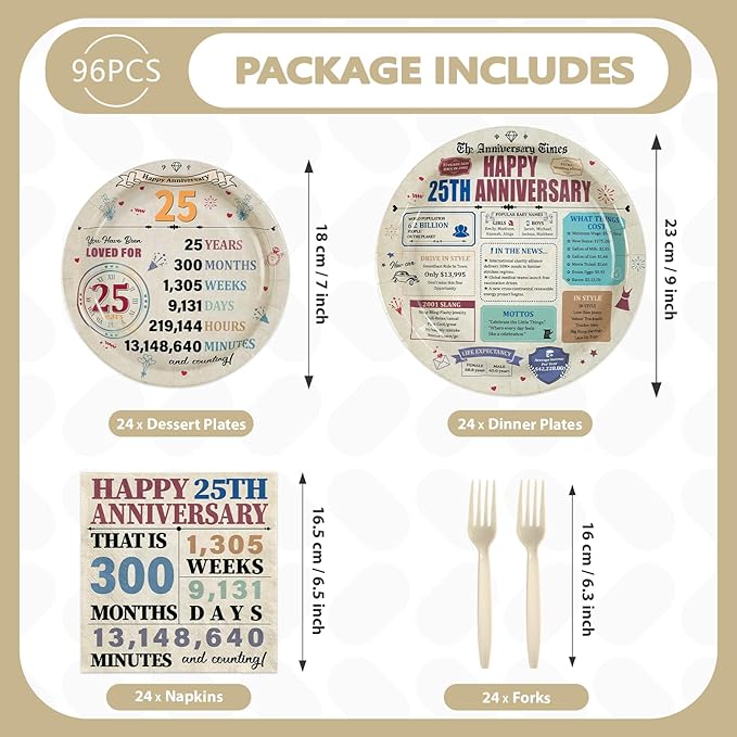 96Pcs 25th Anniversary Party Decorations Retro 25 Years Wedding Aday Plates and Napkins Happy 25th Anniversary Disposable Tableware Set for Vintage 25 Year Wedding Party Supplies Serves 24