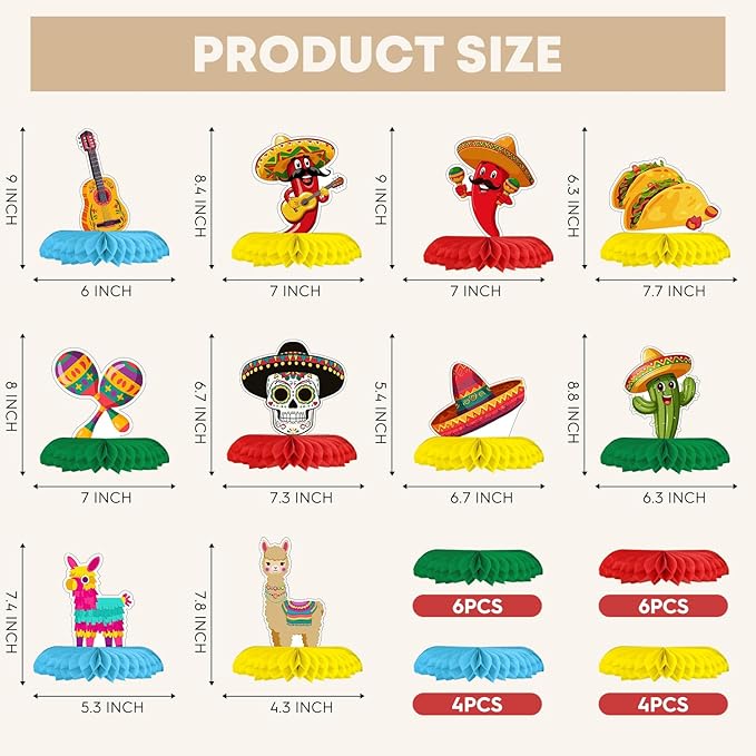 Horaldaily 10PCS Mexican Fiesta Party Table Decoration Centerpieces, Cinco De Mayo Taco Twosday Honeycomb Centerpieces Table Toppers for Home Classroom School Boys Girls Baby Shower Birthday Supplies