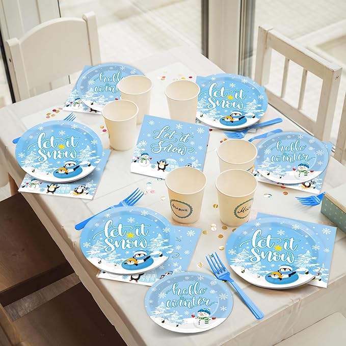 96PCS Hello Winter Party Supplies Winter Snowflake Party Tableware Set Christmas Disposable Dinnerware Plates Napkins Forks with Snowman Penguin for Winter Christmas Birthday Party Favors