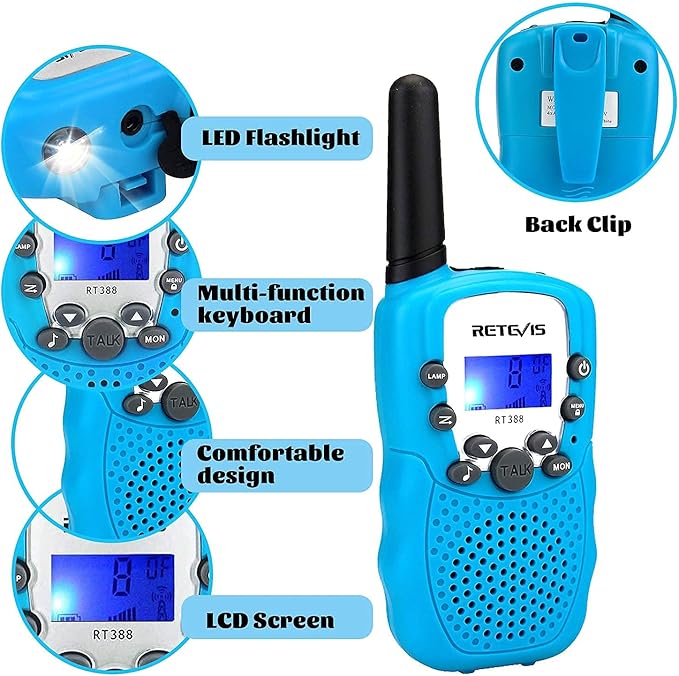 Retevis RT388 Walkie Talkies for Kids, Toys for 6 7 8 9 12 Year Old Boys, 22 CH 2 Way Radio Backlit LCD Flashlight, Blue Walkie Talkies for Boys Gifts Easter Basket Stuffers(Blue, 2 Pack)