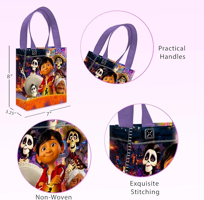 Coco Party Favor Bags Set – 24 Pack 8" Disney Goodie Bags for Kids Bulk Reusable Mini Totes | Disney Coco Birthday Party Supplies