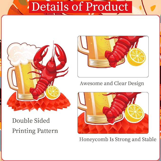 Gameza Crawfish Boil Party Decorations, 12PCS Crawfish Honeycomb Centerpieces Table Birthday Decoration, Crayfish Crab Seafood Shrimp Theme Bday Decor Supplies for Baby Shower