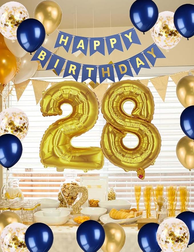 28th Birthday Decoration for Men, Navy Blue Gold 28th Party Balloons Supplies, 28th Happy Birthday Banner Number 28 Foil Metallic Confetti Balloons for Men Him Women Her 28th Birthday Party(28th)