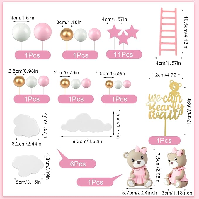 Yinder 37 Pcs Bear Cake Decoration Toppers for Baby Shower Decorations with Balls We Can Bearly Wait Happy Birthday Mini Bear Figurine Cake Party Birthday Supplies (Novel)