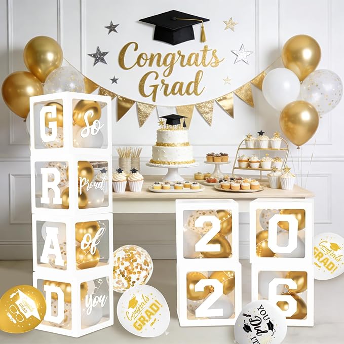 2026 Graduation Decorations, White Graduation Decorations, Balloons Boxes (4PCS) with Letters 2026 GRAD So Proud of You, Congrats Grad Decorations for High School & College