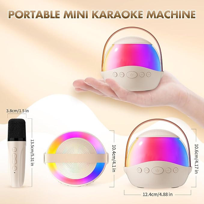 Mini Karaoke Machine Gifts for Kids Adults, Portable Karaoke Speaker with 2 Wireless Microphones, Kids Microphone with Speaker, Birthday Gifts for Girls Boys 3-12+ Year Old (Beige)