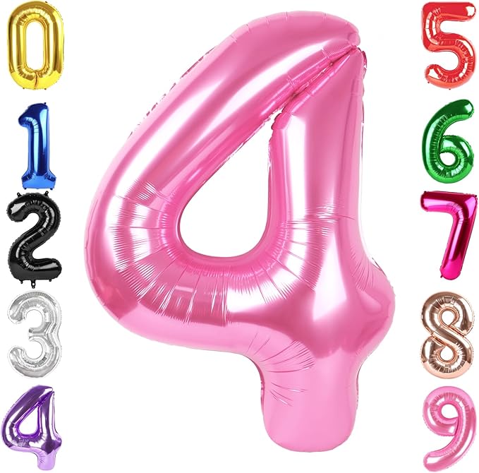 40 Inch Pink Number 4 Balloon, Giant 4 Number Balloons for 4th Birthday Decorations, Party Supplies for Baby Boy Girl, Pink Party Decor