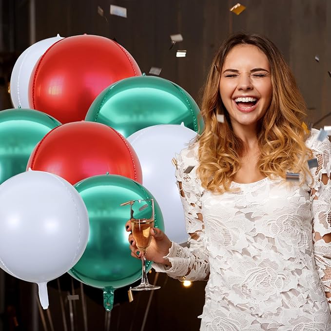 KALOR 22 Inch Red Green and White Foil Balloons, 10 Pcs Large 4D Giant Round Metallic Foil Balloon for Birthday Party Baby Shower Graduation Party Decorations