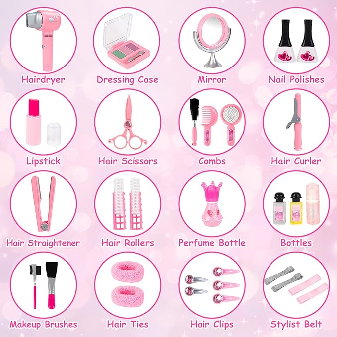 deAO Hair Salon Toys for Girls Beauty Salon Set Kids Pretend Hair Styling Set with Hairdryer, Mirror, Curling Iron and Stylist Accessories for Toddler Makeup Party Christmas (Fake Makeup)