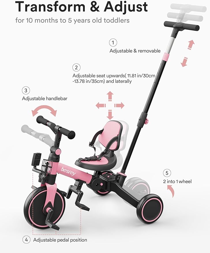 besrey 4 in 1 Toddler Bike, Toddler Tricycle for 1-3 Year Old, Trike with Push Handle, Backrest and Safety Belt, Birthday Gifts and Toys for Boys and Girls, Balance Bike
