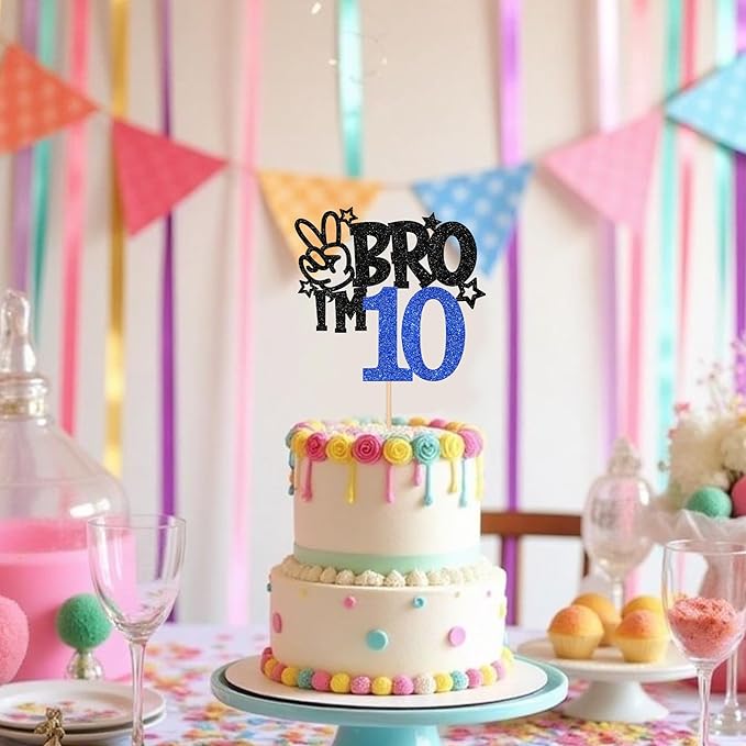 1 PCS Brother I'm 10 Cake Topper Glitter Star Happy 10th Birthday Cake Pick Bro I'm 10 Cake Decoration It's My 10th Birthday Decorations for Boys Cheers to 10 Years Old Birthday Party Supplies Blue