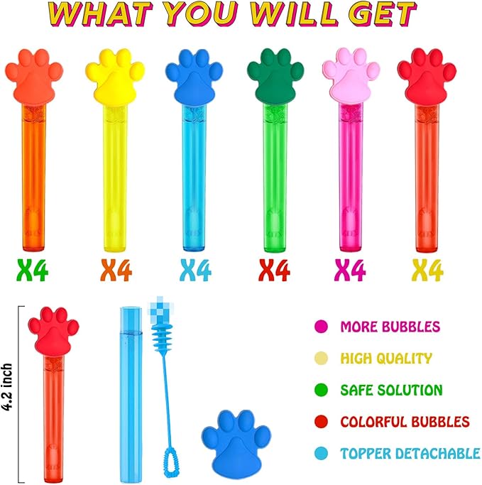 Paw Party Favors,24Pcs Paw Print Bubble Wands for Kids,Cute Bubble Wand for Pet Dog Puppy Cat Birthday Party Supplies,Classroom Prizes Pinata Goodie Bag Stuffers Gifts