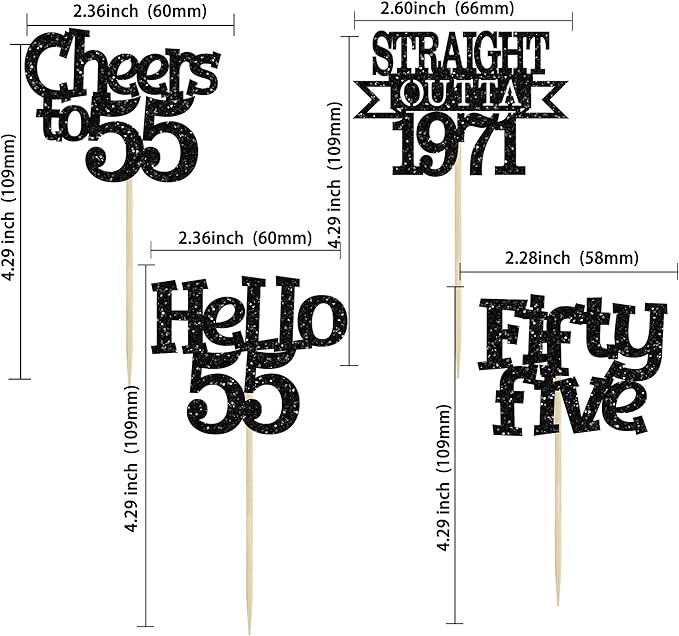 Ephlyn 24Pcs 55th Birthday Cupcake Toppers Glitter Straight Outta 1971 Cupcake Picks Hello 55 Cheers to 55 Years Cake Decorations for 55th Birthday Anniversary Party Decorations Supplies Black
