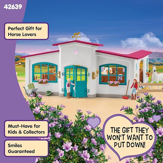 Schleich Horse Club - 179PC Peppertree Riding Arena Horse Playset with Real Dressage Cards - With Stable Set, 2 Horses, 3 Rider Figurines, Cards and Accessories - Toys for Girls & Boys Ages 5+ | 42639