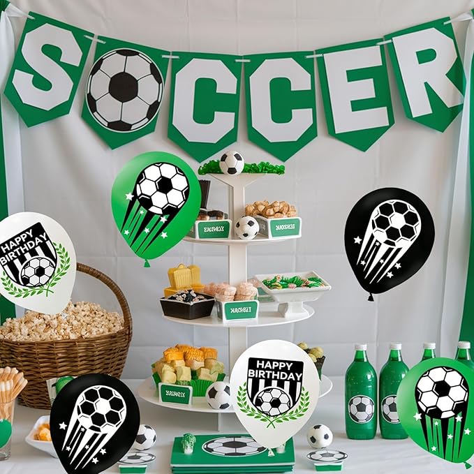 Soccer Balloons, 60Pcs 12 Inch Green White Black Soccer Party Latex Balloons for Kids Boy Soccer Birthday Sport Party Decorations Sports Themed Graduation Baby Shower Party Supplies