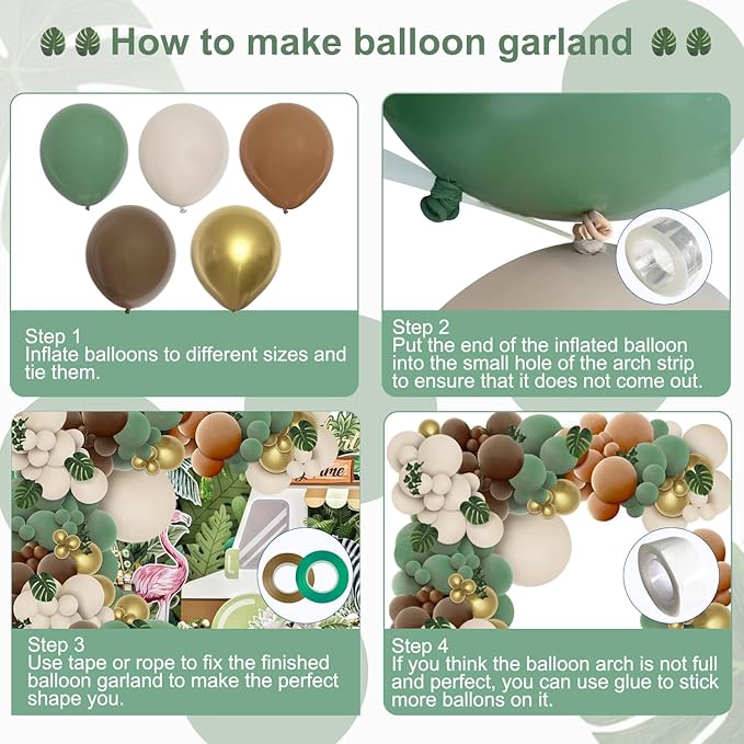 PERPAOL 148pcs Woodland Safari Jungle Wild One Balloon Garland Arch Kit Sage Green and Brown Sand white Balloons with Palm Leaves for Tropical Boho Birthday Party Supplies Baby Shower Decorations