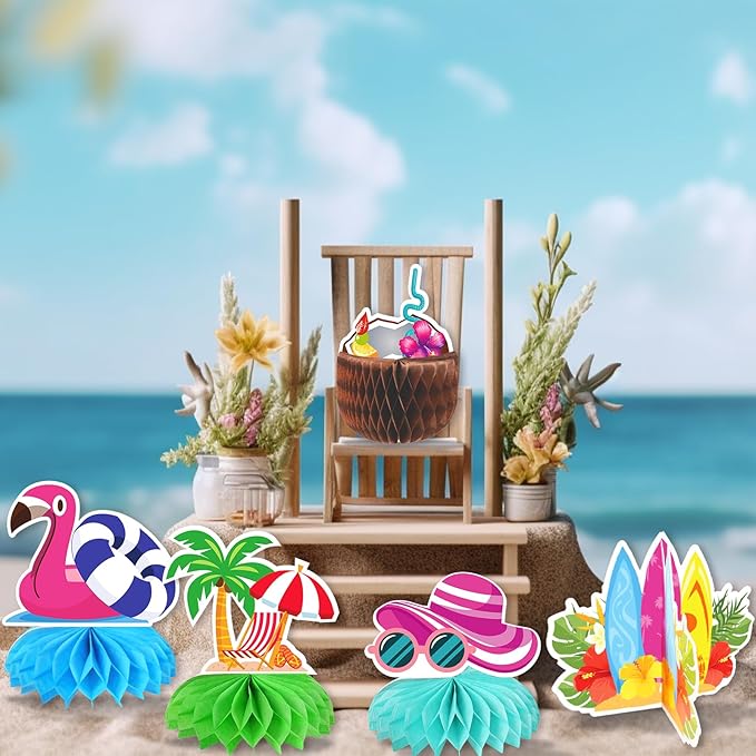 kockuu Beach Party Decorations, 12 Pcs Pool Beach Honeycomb Centerpieces Table Decor Cake Balls Toppers for Summer Hawaiian Aloha Luau Theme Birthday Pool Club Anniversary Party Supplies