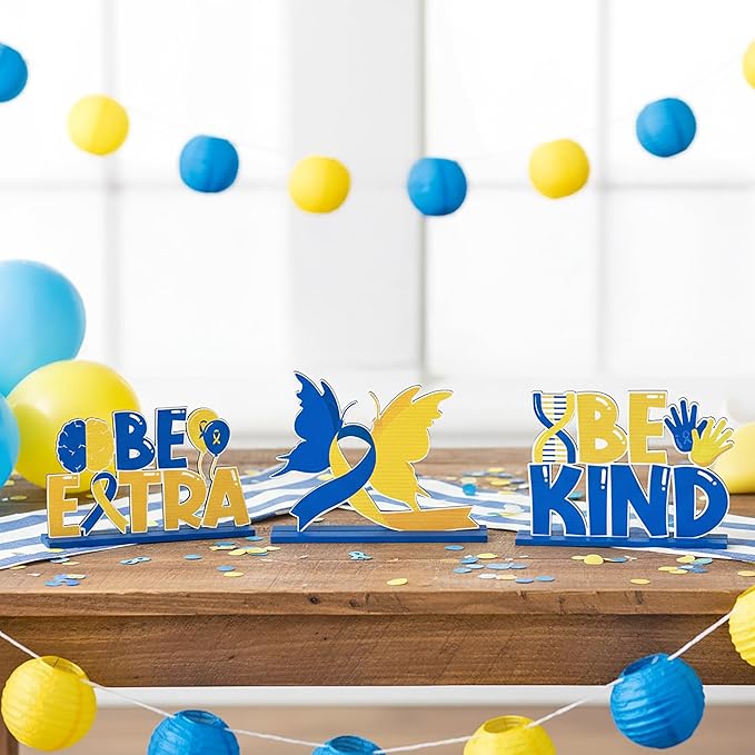 6Pcs Down Syndrome Awareness Wooden Tiered Tray Decoration Centerpieces, Yellow Blue Ribbon Wood Sign Table Topper Decor The Lucky Few Holiday Party Supplies for School Home Office Desk Shelf