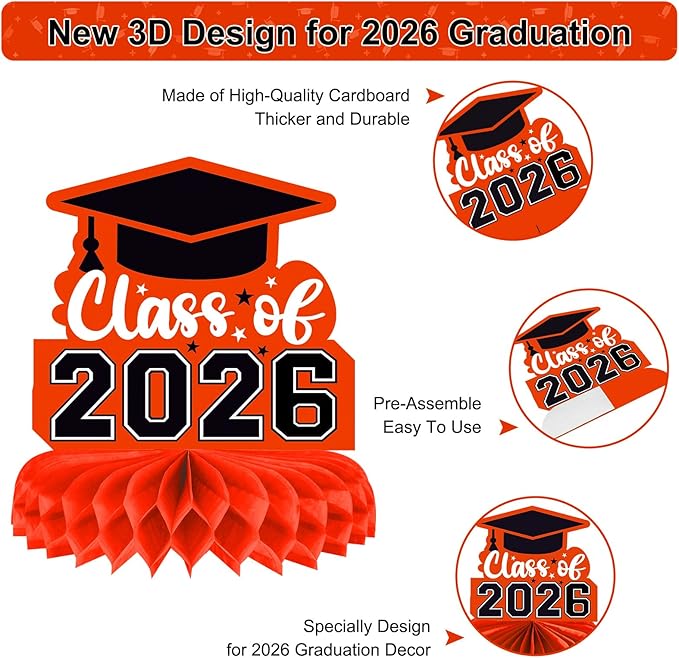 8 Pieces Class of 2026 Graduation Table Decorations - 2026 Congrats Grad Honeycomb Centerpieces, Graduation Table Toppers Decor for 2026 Graduation Party Decorations Favor Supplies, Orange