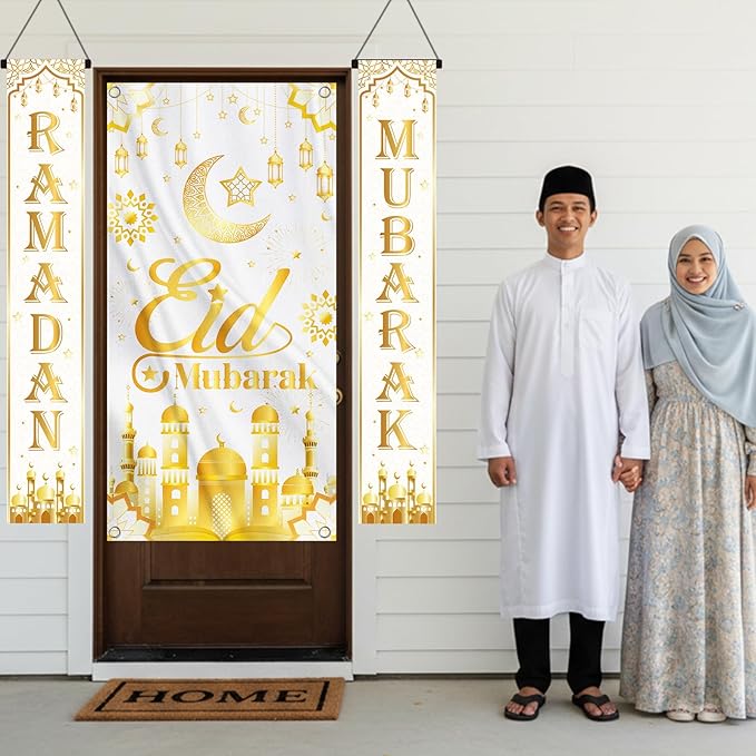Eid Mubarak Banner Decoration, Ramadan Mubarak Door Cover Banner Decoration for Home, Gold Moon Castle Outdoor Wall Hanging Banner Decor for Holiday Party Supplies