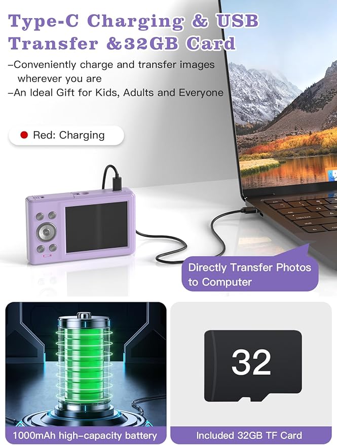 Upgrade Kids Camera, 56MP FHD 1080P with 16x Zoom, Anti Shake, 32GB TF Card, Two Batteries, Lanyard - Compact Small Camera for Kids Boys Girls (Purple)