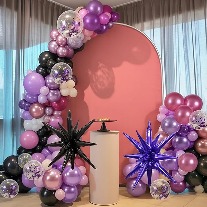 Pink and Purple Balloon Garland Arch Kit, Black Purple Pink Metallic Confetti Latex Party Balloons with Explosion Star Foil Balloon for Girls Bridal Baby Shower Wedding Birthday Party Decorations