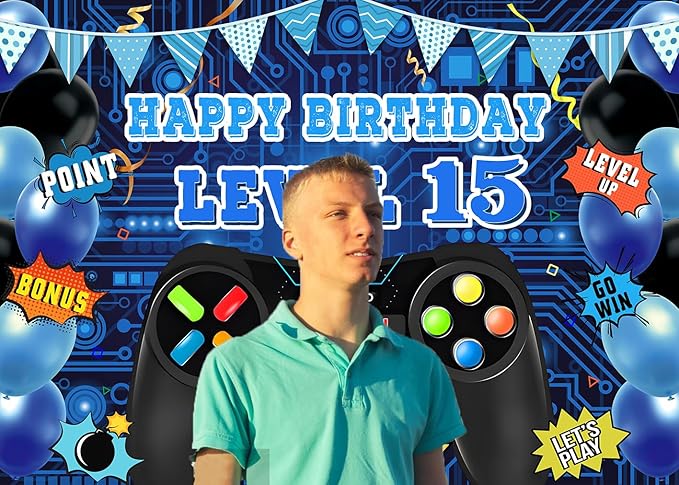 Game Theme Level 15 Birthday Backdrop Video Game Happy 15th Birthday Party Decorations Level Up Theme Boys Kids Birthday Party Supplies(7×5FT)