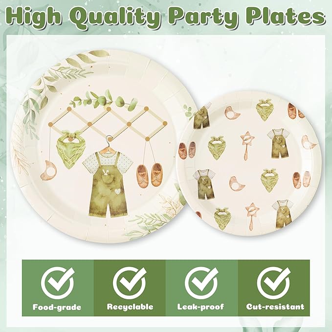 96Pcs Eucalyptus Baby Shower Party Plates Supplies Greenery Sage Green Leaves Baby Boy Tableware Decorations Disposable Paper Plates Napkins Forks for Kids Birthday Gender Reveal, Serves 24