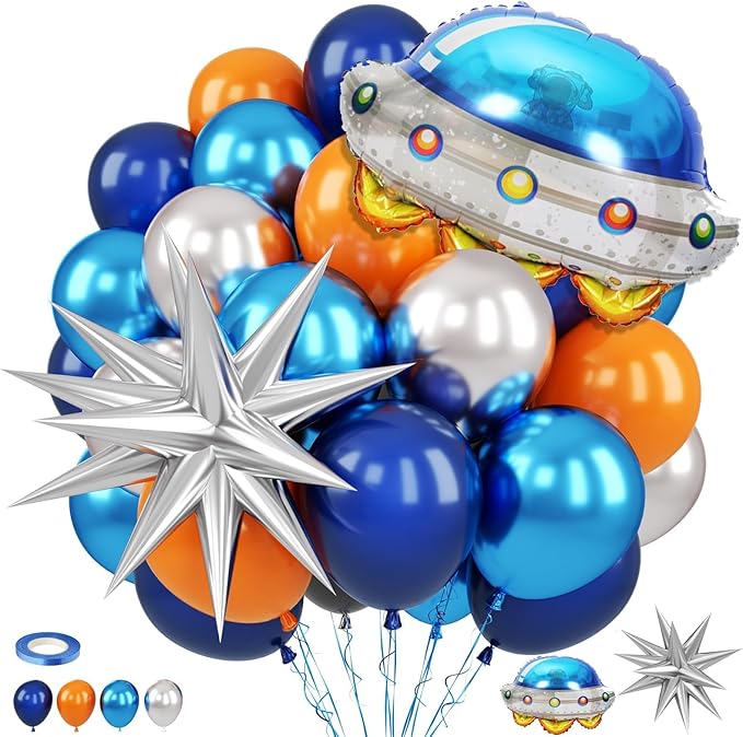 Outer Space Balloons, 12 Inch Orange Metallic Silver Blue Dark Blue Balloons with UFO and Silver Star Foil Balloon for Boys Galaxy Birthday Baby Shower Space Themed Party Decorations