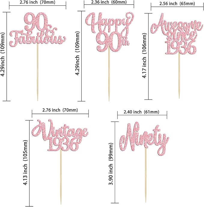 Ephlyn 30Pcs Vintage 1936 Cupcake Toppers Glitter Ninety Happy 90th Birthday 90 Fabulous Cupcake Picks Decorations for 90th Birthday Anniversary Retirement Party Supplies Pink