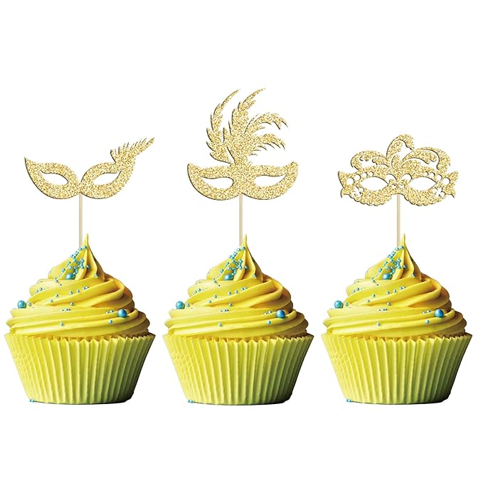 Gyufise 24Pcs Masquerade Masks Cupcake Toppers Gold Glitter Bachelorette Party Mask Cupcake Food Fruit Picks Masquerade Mardi Gras Party Baby Shower Birthday Party Cake Decorations