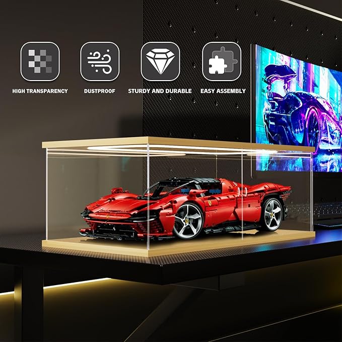 Nynelly Lighted Acrylic Display Case for Collectibles, Clear Display Box for Lego 42096 42143 42083, 1/8 Scale Model Car Display Case, Assemble Dustproof Countertop Showcase, 23.6x11.8x7.8in