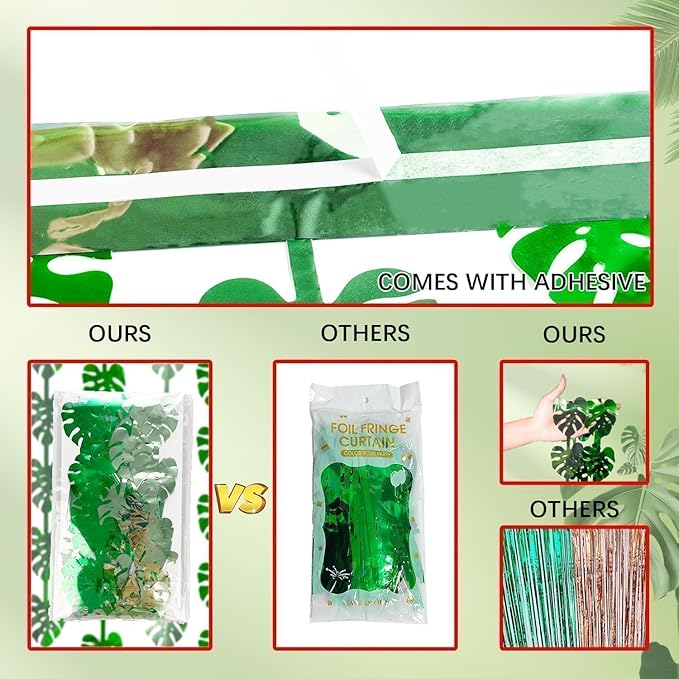 3 Pack Jungle Leaf Foil Fringe Curtain for Jungle Party Decorations, 3.3x6.6Ft Safari Theme Leaf Tinsel Streamer Backdrop, Photo Booth Prop Zoo Animal Birthday Party Supplies Baby Shower Favors