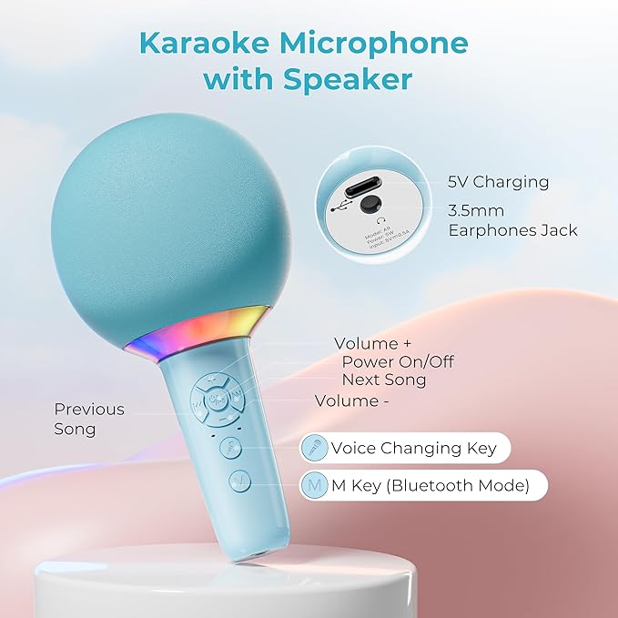 Wireless Bluetooth Karaoke Microphone for Kids, Portable Handheld Karaoke Mic Speaker Toys with LED Light, Best Christmas Birthday Festival Party Gift for 3 4 5 6 7 8 9+ Year Old Girls Boys (Blue)