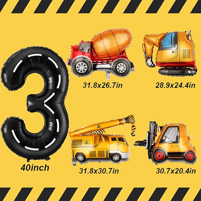 Construction Birthday Decorations 3 Year Old, Large Construction Balloons 40Inch Racetrack Black Number 3 Balloons Construction Truck Foil Balloons for Boys 3rd Construction Birthday Party Supplies