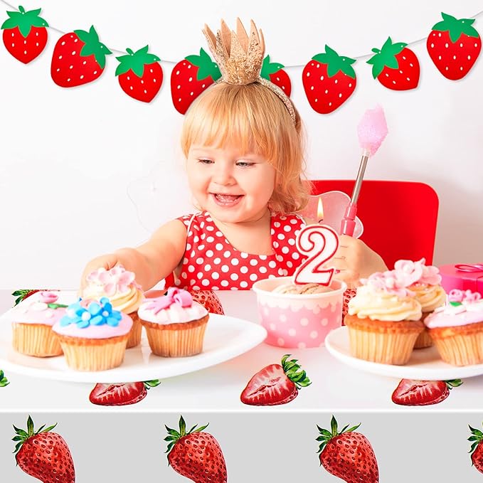 Flutesan 4 Packs Strawberry Party Decorations Strawberry Tablecloth and Banner Set 2 Table Covers, 86 x 51 Inch, 2 Hanging Banners for Birthday Summer Fruit Theme Baby Shower Party Supplies