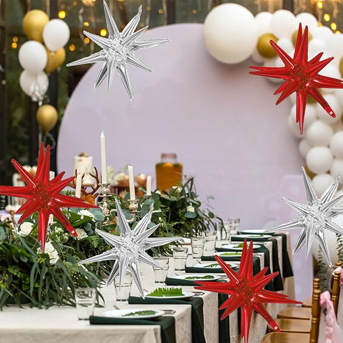 6 Pcs Silver Star Foil Balloons One-Piece 14-Pointed Star Balloon 4D Starburst Cone Mylar Balloon 22inch Christmas Birthday Wedding Wedding Anniversary Party Supplies (Silver + Red)