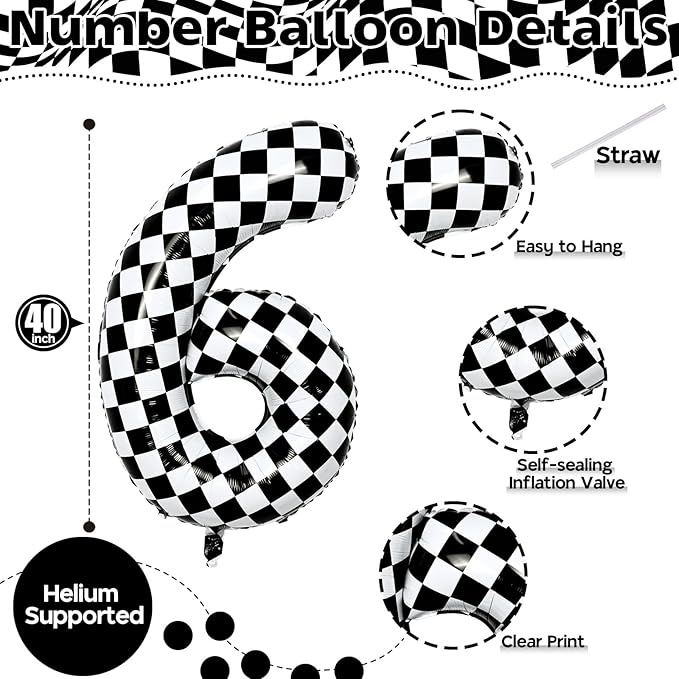 Giant Number Balloons 6, Black and White Checkered Self Inflating 0-9 Set Number Balloon for Kids, 40 Inch Foil Helium Racing 6 Balloon for Boys 6th Birthday Party Race Car Flag Decorations Supplies