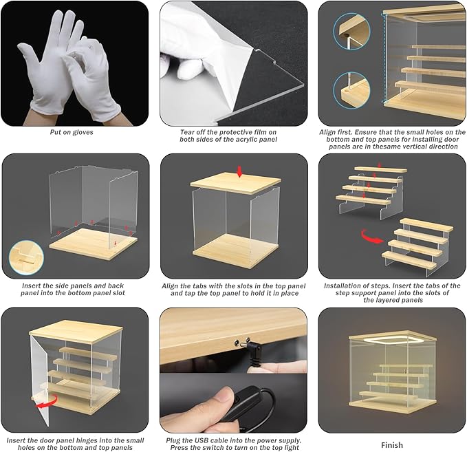 Nynelly Acrylic Lighted Display Case for Collectibles, 5 Tier Figure Display Box with Door and Steps, Assemble Dustproof LED Showcase Storage Box for Mini Figures, Funko Pop, Toys, Wood Color
